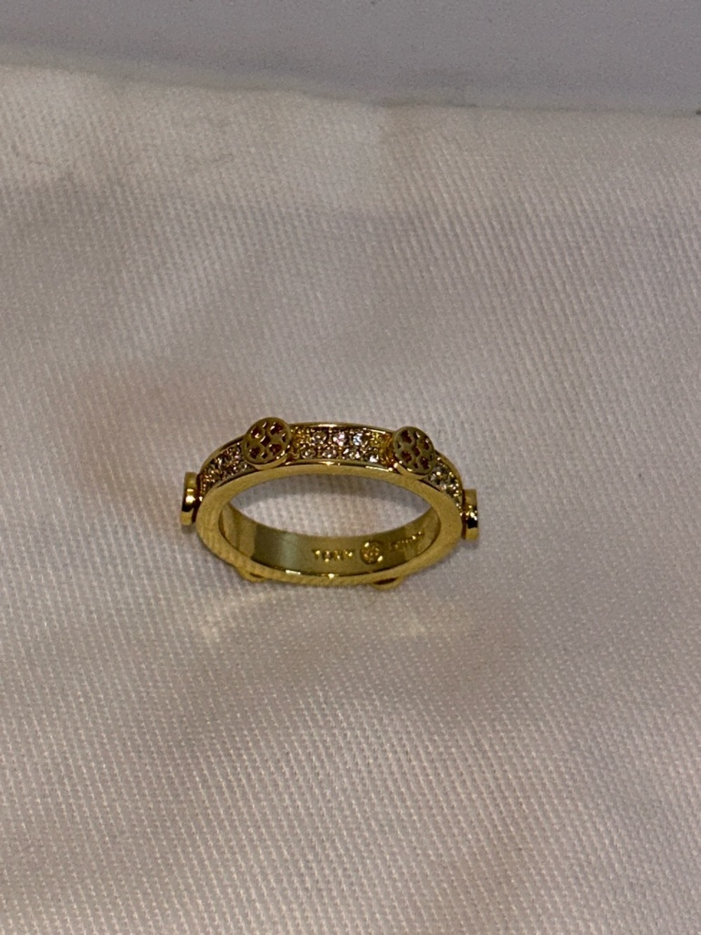 Tory Burch logo gold ring with rhinestones